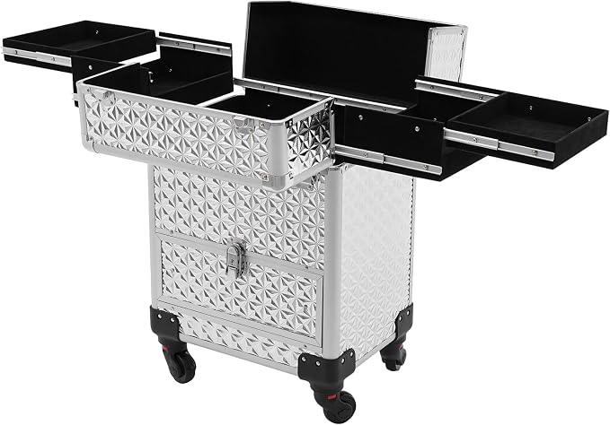 Portable Makeup Organizer Suitcase,Large Cosmetic Trolley (Silver) | Rolling Makeup Train Case,Professional Cosmetic Trolley,Cosmetic Storage Box,Travel Beauty Luggage Trolley Lockable