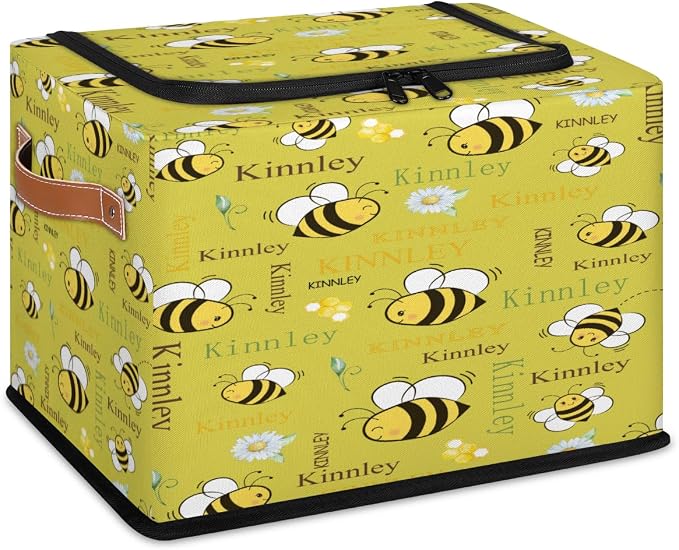 Custom Storage Baskets with Zipper Lid, Personalized Cartoon Bee with Daisy Floral Lemon Yellow Storage Bins Boxes PU Handles for Clothes Bedroom Closet Organizing Toys Books Shelves