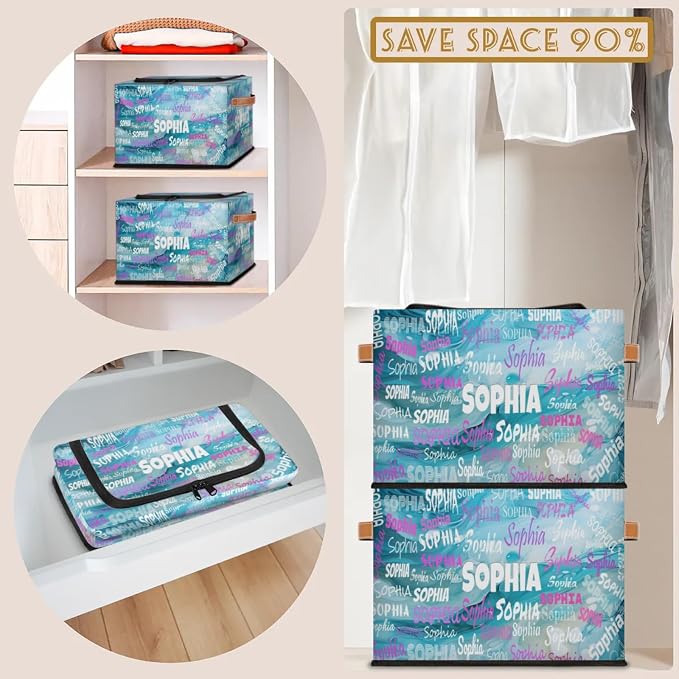 Personalized Name Storage Basket with Zipper Lid, Canvas Storage Bins Toys Clothes Organizer for Bedroom, Kitchen, Bathroom, Nursery, Shelves, Closets, Water Blue Background
