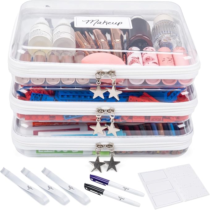 Clear Hard Shell Zipper Case Set (3 Large), 120s Thick PET Plastic, Dual Zippers with Star Charms, Removable Straps, Removable Labels with 2 Markers for Travel, Storage & Organization