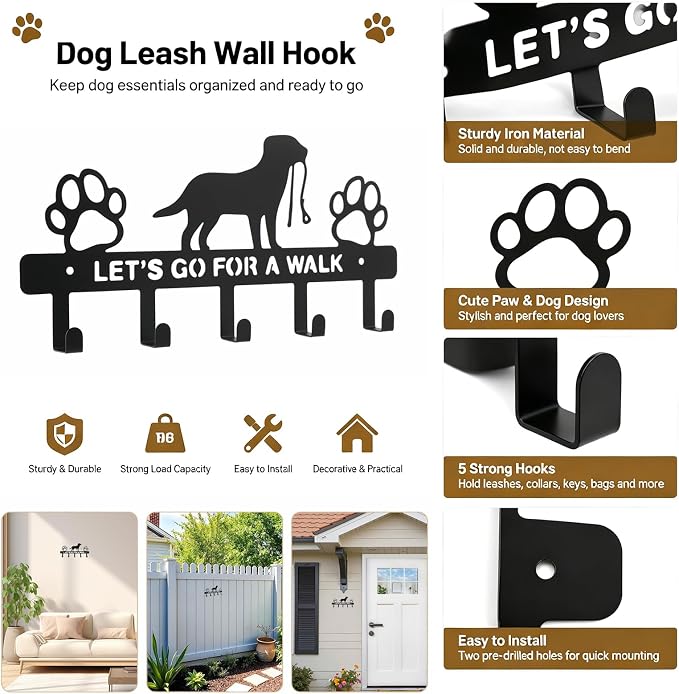 5-Hooks Dog Leash Holder for Wall, Metal Key Holder Leash Hooks,Pet Leash and Key Organizer, Screw Mounted Rack for Leashes Keys Collars, Entryway Garage Mudroom(10.6" × 4.9" × 0.8")