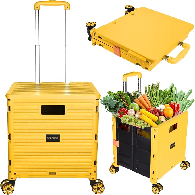 Foldable Utility Cart Portable Collapsible Crate Rolling Carts with Wheels Rolling Tote Basket Teacher Cart with Lid Wear-Resistant 360°Rotate Wheel Noiseless for Shopping Storage Office Use
