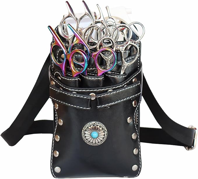 Hairstylist Waist Bag, 7-Slot PU Leather Barber Scissors Tool Bag Shear Holder, Detachable Hair Cutting Organizer for Combs, Clippers, and Spray Bottles (Black)