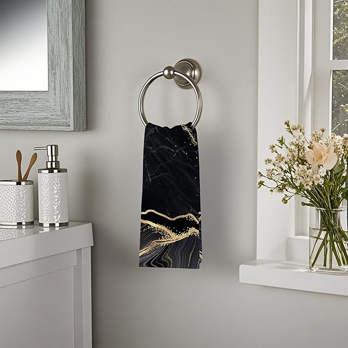 Gold Black Marble Hand Towels,Set of 2 Absorbent Bath Towel Kitchen Dish Towel Home Gym Hotel Bathroom Decor,16x24 Inches