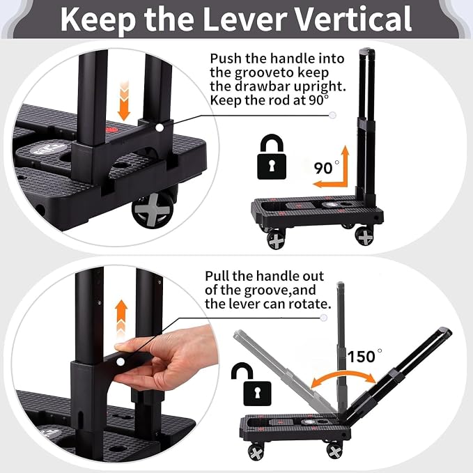 GtIiFmTe Foldable Hand Truck, Lightweight Luggage Cart for Airport Car Seat | Compact Folding dolly with Rotating swivel wheel,storage size12×15.7×4.1",300lbs Load,Upright Lock Handle with 3bungee cords