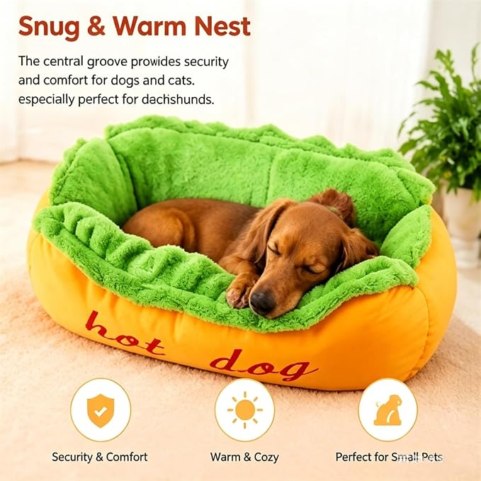 Hot Dog Dog Bed, Hot Dog Bun Dog Bed, Hotdog Dogbed for Dachshund, Funny Petbed House, Novelty Hotdog Sleepbed Small Puppy Large Dog Soft Kennel Sleepingbed Pet Accessories (M)
