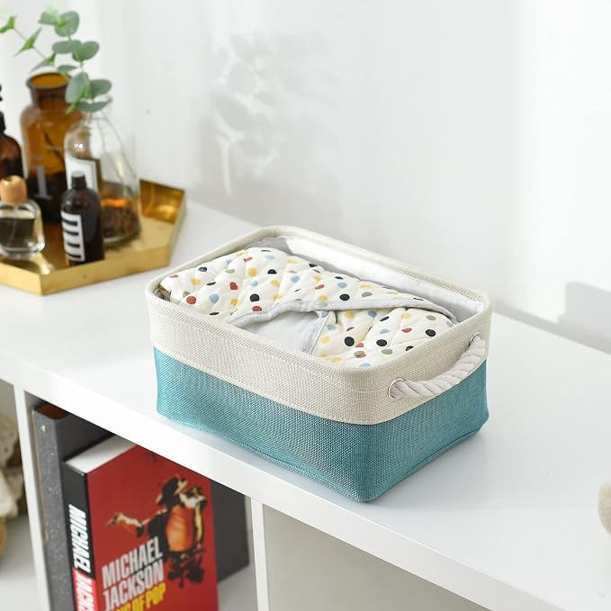Fabric Storage Bin with Handles,Storage Basket for Home Storage and Organization, Shelf Basket with Cover for Living Room Bedroom Decor Closet（White & Green,Small ,11.8L×7.9W×5.2H