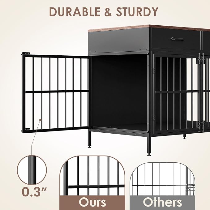 XL Dog Crate Furniture, 39.4" Heavy-Duty Dog Kennel with 2 Storage Drawers | Chew Proof & Escape Proof Dog Cage,Double Door with Secure Latch, Furniture-style Wooden End Table, Adjustable Non-slip Feet
