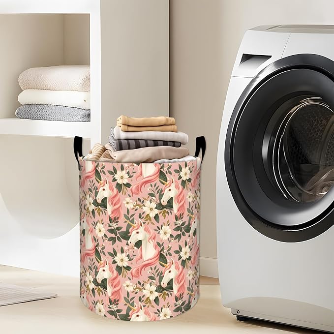 Magical Unicorn with Pink Floral Laundry Basket with Handles, 19.7"x15.7" Clothes Foldable Laundry Hamper Organizer for Dorm Nursery Bedroom Bathroom Decor, Toy Storage Bin for Kids
