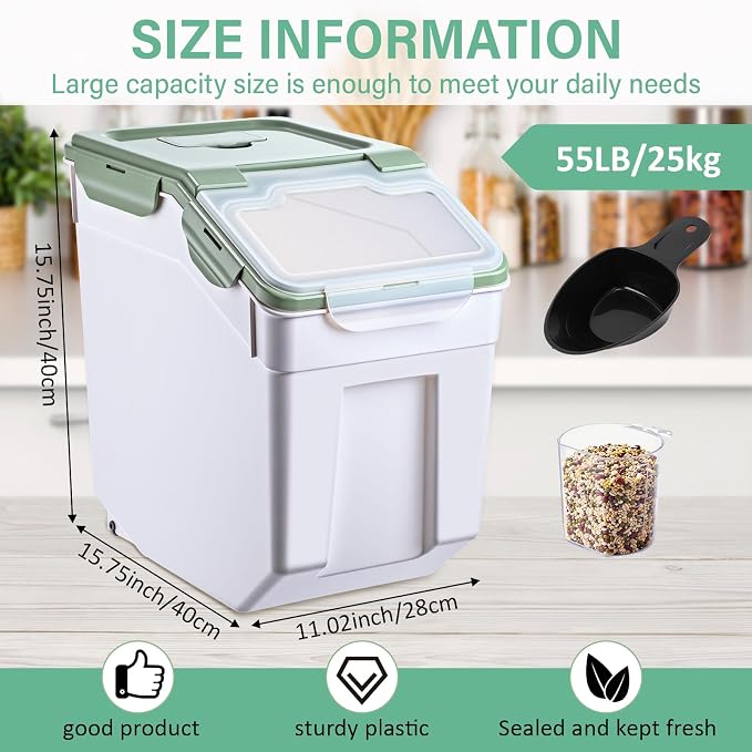 Sunnyray 6 Pcs 55 Lbs Flour Storage Container Bin,Rice Storage Containers with Wheels Seal Locking Lid, BPA Free with Measuring Cup Scoop for Rice Grain Pet Food Flour (Green)