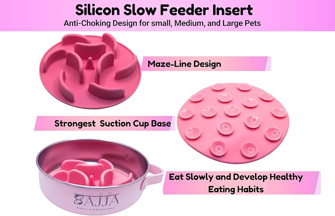 Pink Slow Feeder Travel Dog Bowl Set – 30oz Stainless Steel + 20oz Collapsible Silicone Dish + Silicone Slow Feeder Insert | Water Bottle Holder | Non-Slip, Anti-Choking, BPA-Free – Claim