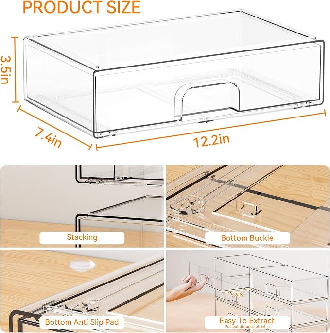 Yieach 12.2''W Clear Stackable Storage Drawers,4 Pack Acrylic Drawers,Bathroom Organizer Bin and Plastic Makeup Organizer,Clear Stacking Brightroom Storage Boxes for Vanity,Cabinet,Pantry Organization