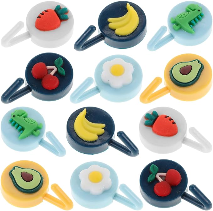 12 Pcs Cartoon Fruit Animal Punch-Free Wall Hangers Self-Adhesive Hooks Reusable Wall-Mounted Key Holders for Home Storage and Organization