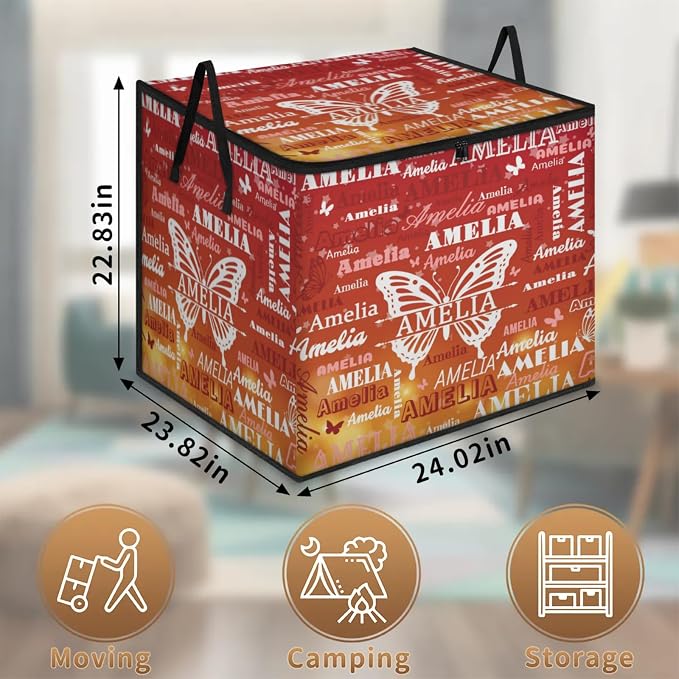 Personalized Name Large Storage Basket with Lid, Canvas Storage Bins Quilt Clothes Organizer for Bedroom, Kitchen, Bathroom, Nursery, Shelves, Closets, Gradient Red Yellow Butterflies
