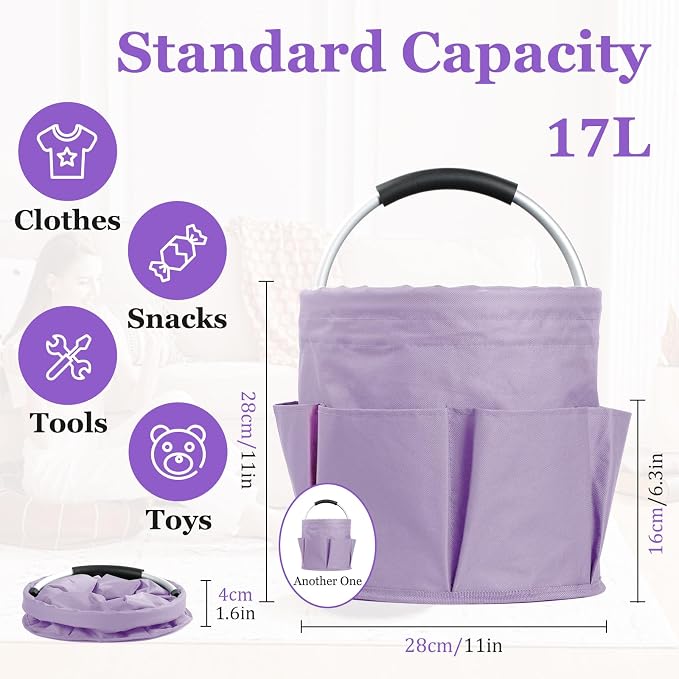 2Pcs 17L Collapsible Cleaning Supplies Caddy with Handle for Travel, Purple | IHOMAGIC 6-Pocket 600D Oxford Shower Caddy & Storage Organizer, Portable Tote for Cleaning Gardening
