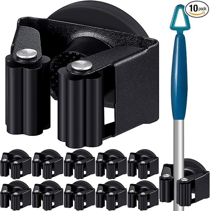 Vercraft 10 Pcs Magnetic Broom Holder Wall Mounted Anti Slip Rack,Black | Movable Magnetic Organizer for Mops Brooms, Dual Roller Grip, Wall Storage for Garage Kitchen Laundry Garden Tools
