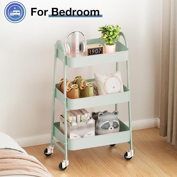 OLIXIS Metal 3 Tiers Rolling Storage Utility Cart with Lockable Wheels | Mobile Organizer Shelf, Space-Saving, Freestanding, Bathroom, Living Room, Slim, Narrow Corner Spaces, Pale Green