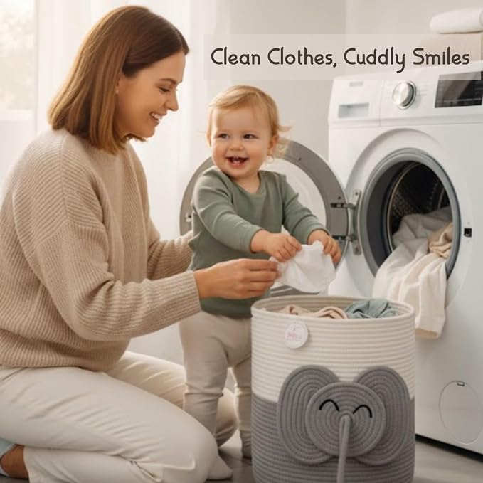 Collapsible laundry baskets for Kids, 25L Woven Cotton Rope Bin with Elephant Design, Cutout Handles, Foldable & Washable Baby-Safe Toy Organizer for Stuffed Animals, Laundry, Clothes (Elephant)