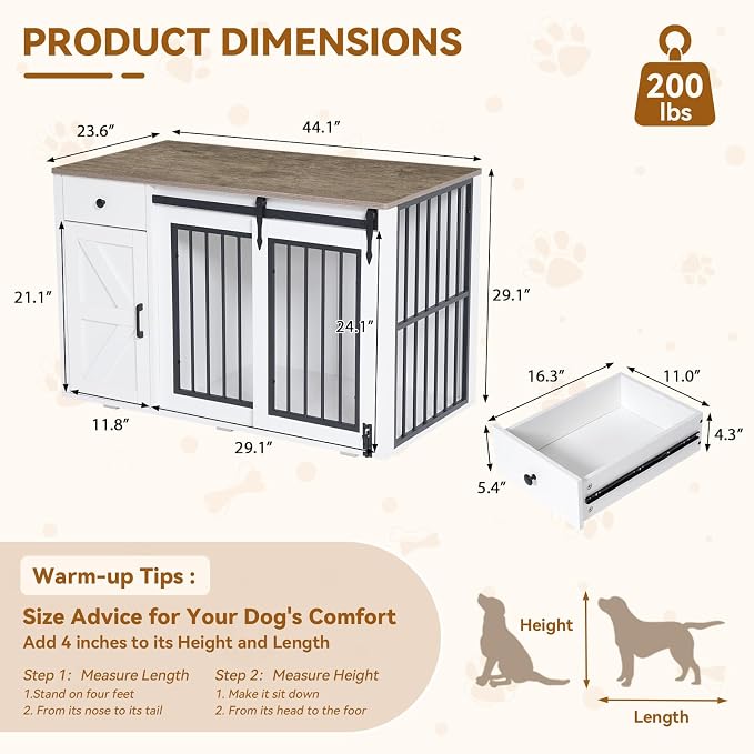 Verano Garden 44" Dog Crate Furniture, Dog Kennel (44" Left Facing Door) | 2-in-1, Lockable, Sliding Door, Removable Divider, Adjustable Shelf, Farmhouse, Heavy Duty, Small Medium Dogs, White