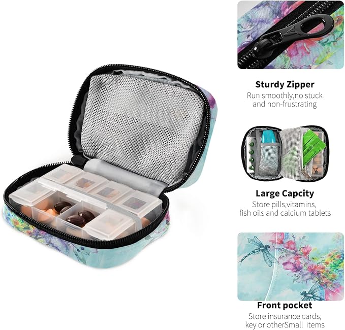Pill Case 7 Day Pill Organizer Watercolor Dragonfly Travel Pill Case Portable Weekly Pill Box Bag Container Vitamin Supplement Holder with Zipper for Family Business