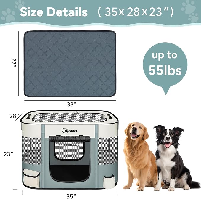 Siedihit 35" Dog Playpen,Cat Puppy Pen, Pet Portable Crate Indoor Outdoor | Durable Travel Camping Use,Foldable Dog Kennel Tent Cage for Rabbit Small Animals with Carrying Case(Grey with Pad, Large)