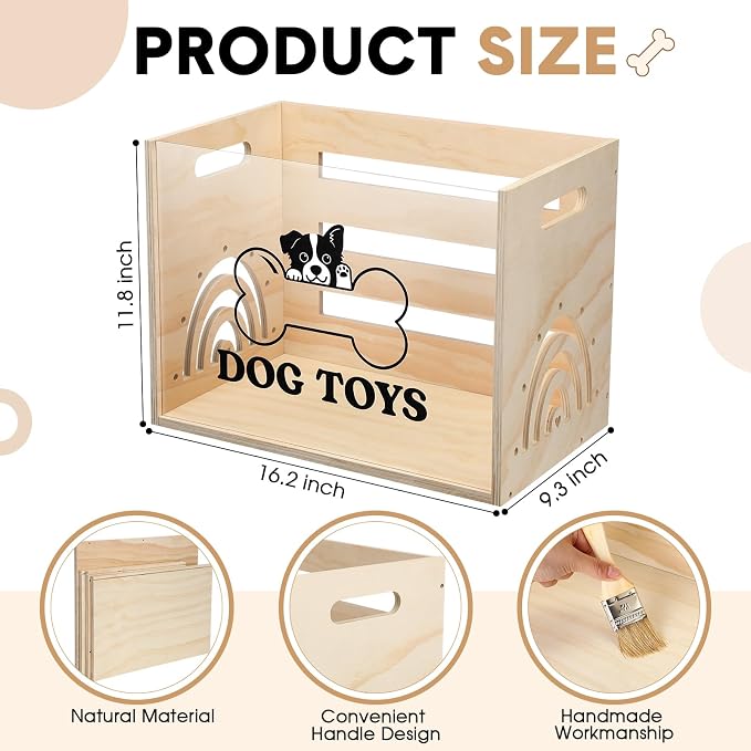 Beeveer Large Dog Toy Basket Dog Toy Box Wooden Storage Bin with Acrylic Board Storage Box for Puppy Toys Pet Food and Accessories Organizer Holder Basket for Living Room Area(Wood, Dog)