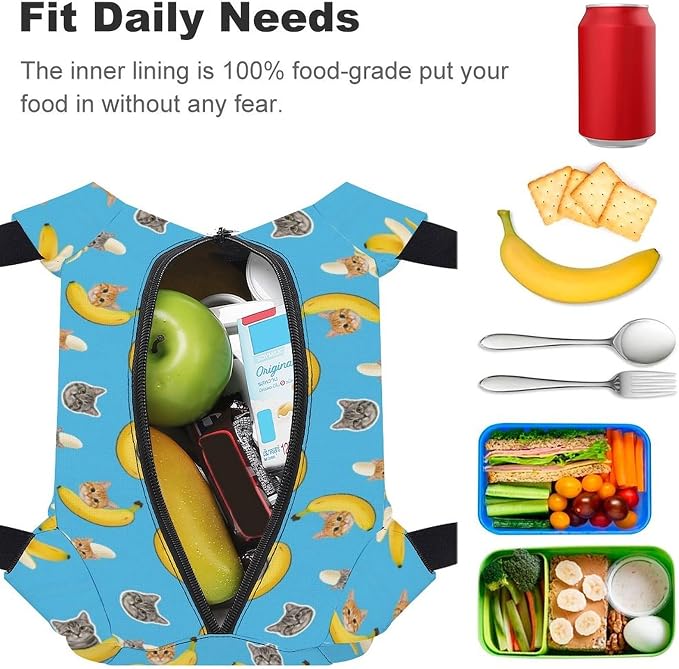 Cute Insulated Lunch Bag for Women Men, Funny Cat Banana Bananas | Large Capacity Leakproof Cooler Tote, Non Slip, with Sturdy Zipper, for Daily Use Outdoor Activities