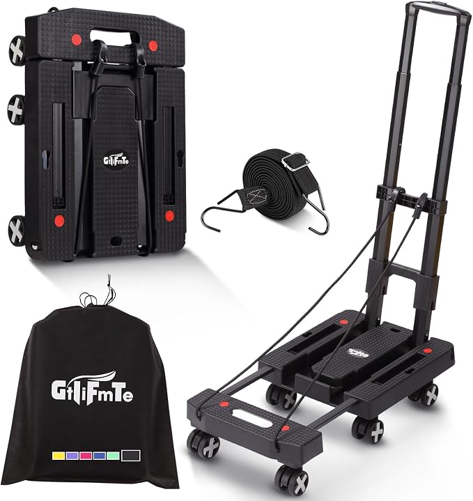 GtIiFmTe Foldable Hand Truck, Lightweight Luggage Cart for Airport Car Seat | Compact Folding dolly with Rotating swivel wheel,storage size12×15.7×4.1",300lbs Load,Upright Lock Handle with 3bungee cords