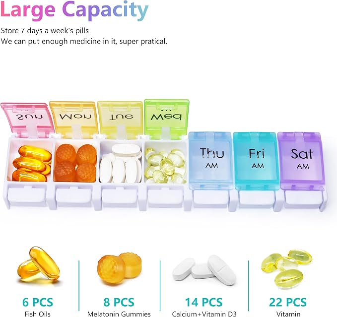 MOLN HYMY Large Pill Organizer 2 Times a Day, AM PM Pill Box 7 Day, 14 Dividers 2 Week Medicine Pill Organizer with Easy Push Button for Medication, Vitamins, Fish Oils, Supplements