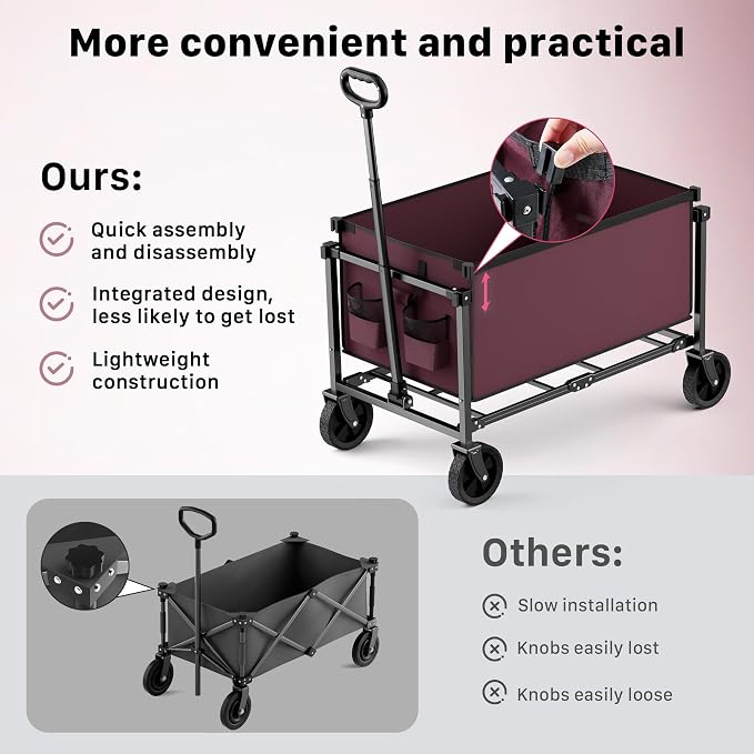 29.3" Collapsible Wagon Cart, 150L Heavy Duty Folding Utility Wagon with Wheels, 260 lbs Load, Portable Rolling Cart for Garden, Shopping, Sports, Camping, WineRed