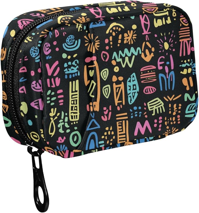 Fustylead Doodle Hand Drawn Tribe Colorful Bright Trendy Ornaments Travel Pill Case Bag with Zipper Weekly Pill Box 8 Compartments 7 Day Personal Pill Case Purse Medicine Case Organizer