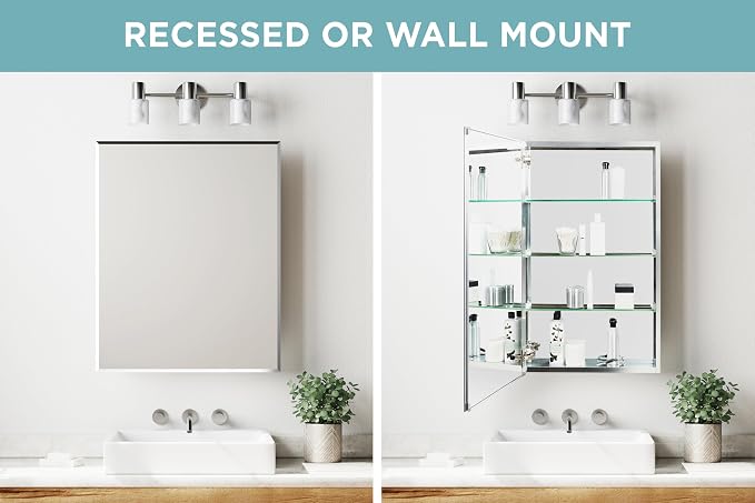 Zenna Home Bathroom Medicine Cabinet with Mirror, Frameless Bathroom Wall Cabinet with Rustproof Aluminum Body, 3 Adjustable Glass Shelves, Recessed or Surface Wall Mount Installation, 24 x 30 Inches