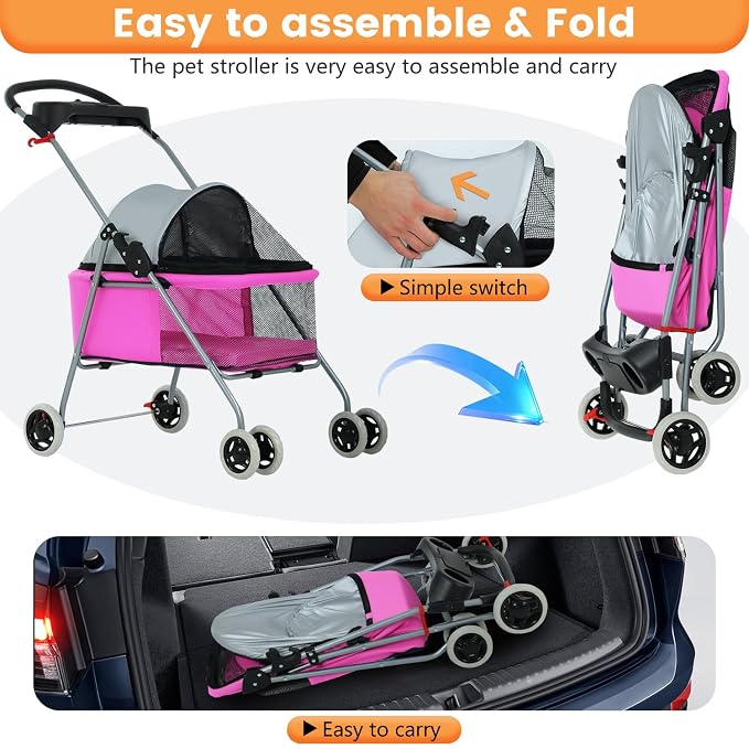 BestPet Foldable Pet Stroller for Small/Medium Dogs and Cats Up to 33 lbs | 4-Wheel Stroller Pet Strolling Cart w/ Breathable Mesh, Lockable Rear Wheels, Cup Holder/Tray & Storage Box, Pink