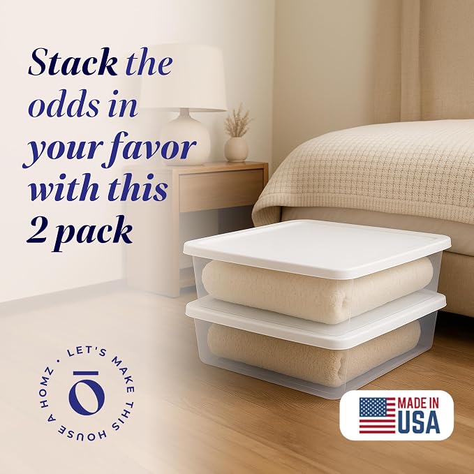 HOMZ Clear Plastic Storage Bins w/Snaplock Lids, 28 Qt, White, 2 Pack | Stackable Container Boxes for Bedroom, Bathroom, Garage, and Office Organization