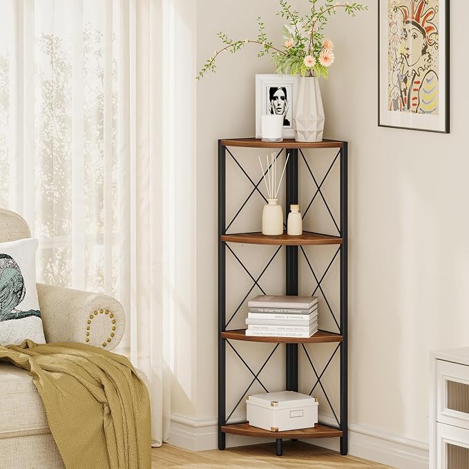 Snughome Rustic Corner Shelf Stand for Desktop, 4 Tier Corner Storage Plant Shelf, Freestanding Corner Shelf Display Rack, Multi-Unit Organizer for Living Room, Home Office, Small Space，Rustic Brown