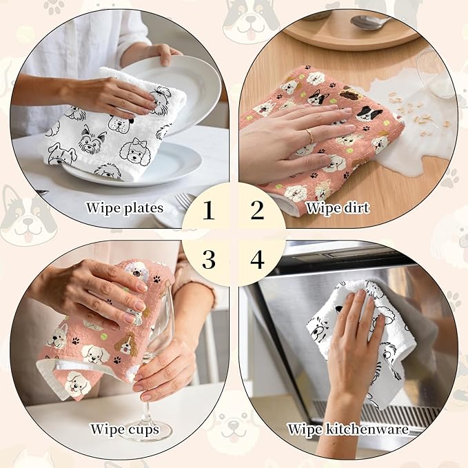 Set of 2 Dog Kitchen Towels - Cute Dog Dish Towels for Kitchen Drying, 17x26 Inch Absorbent Soft Microfiber Dish Cloths, Dog Lover Gifts for Women, Home Kitchen Housewarming Towels