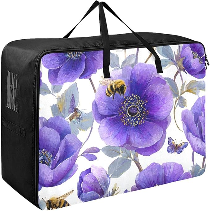 Comforter Storage Bags Large Folding Blanket Organizer Bag with Strong Handles Clear Window Closet Storage Containers for Clothes King Queen Pillows Bedding Quilt Duvet Purple Anemone Bees