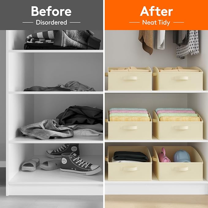 Lifewit Trapezoid Closet Storage Bin for Shelf, 6 Packs 16L, Beige | Non-woven Closet Organizer Baskets with Handles, Foldable Clothes Containers Boxes for Clothing, Book, Purse, Medium
