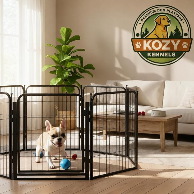 Dog Play Pen for Indoor Use - 40'', 16 Panels for Medium and Large Size Dogs - Metal Heavy Duty Pet Fence with Anti-Slip Feet - Portable Black Playpen Kennel for House or Garage