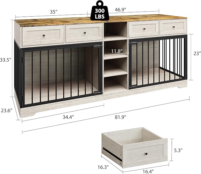 Dog Crate Furniture for 2 Dogs, Double Dog Crate TV Stand, Washed White | 82" Large Dog Kennel Indoor with 4 Storage Drawers and 4 Shelves, Suitable for Small, Medium and Large Dogs