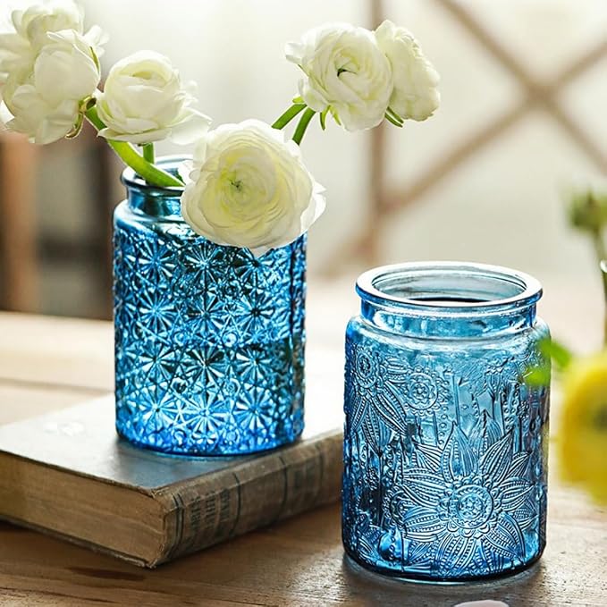 2 Pack Vintage Glass Storage Jars, 23.7 oz Green & Blue Sunflower Canisters | Airtight lids, kitchen organization, coffee beans, tea, sugar, candy, oatmeal, flour, cookies, pet treats, laundry detergent