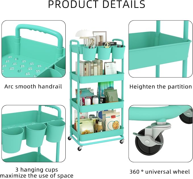 4-Tier Plastic Rolling Storage Cart Utility Cart with Extra Hanging Cups Handles Lockable Wheels for Living Room Bathroom Kitchen Office Green | Utility Cart with Extra Hanging Cups Arc-Shaped Handles Lockable Wheels for Living Room Bathroom Kitchen Of...