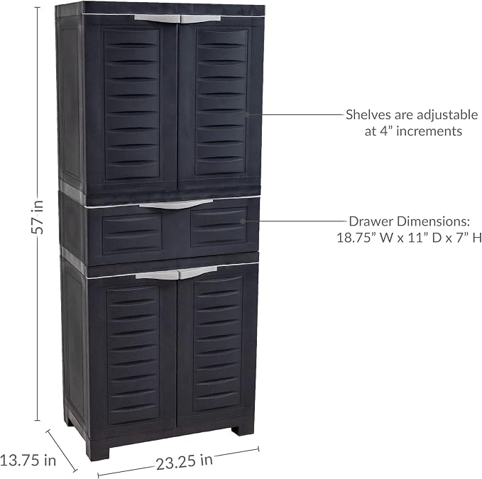 Sunnydaze 57" Garage Storage Cabinet with Doors & Shelves, Charcoal | Heavy Duty Resin Storage Cabinet Resists Rust & Peeling, Utility Cabinet with Drawer & Anti-Tip Kit for Laundry, Office