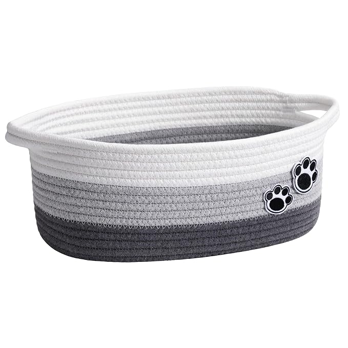 Woven Rope Dog Toy Basket with Paw Print, Mixed Grey | 12"x 8" x 5" Small Dog Toy Bin & Box with Handles, Fits Living Room Bedroom Nursery Organization, Gift Basket Empty for Pets