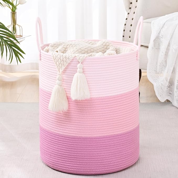 Laundry Hamper for Organizing, 52L Large Laundry Baskets, Cotton Rope Woven Blanket Basket, Collapsible Laundry Hamper for Living Room, Nursery, 15"×18", Pink
