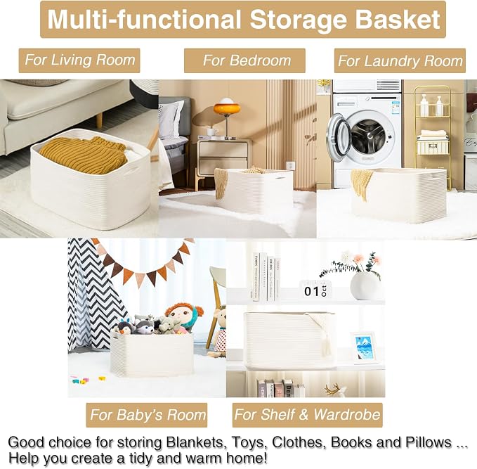 ICERZCZ Large Rectangle Blanket Basket, Large Storage Basket, Cotton Rope Woven Baskets for Storage with Handles, Toy Baskets for Baby Nursery Living Room Bedroom, 22”x17”x12”, White, 75L