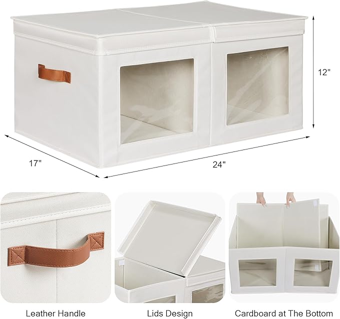 Univivi Large Fabric Storage Bins with Lids for Clothes 1 Pack, Beige | 24 x 17 x 12 In Foldable Storage Boxes with Handles, Clear Window, Closet Organizers for Home, Bedroom