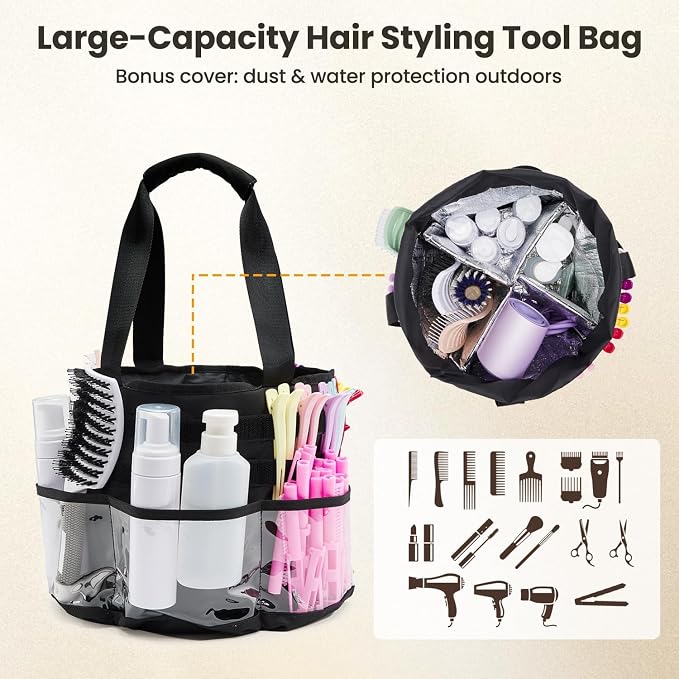 Hairstylist Travel Bag, with Dust Cover, 11L Large Capacity, Heat-Resistant Interior, Clear Pockets, 24 Hook-and-loop Slots, Top Drawstring, Makeup & Pet Grooming Supplies Organizer