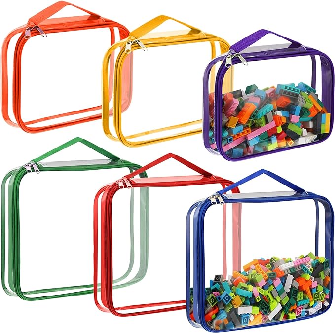 Sanwuta 6 Packs Toy Storage Bags with Zipper,Large, Small,Bright Color | Clear Waterproof Games Storage， Large Portable PVC Container， Reusable Organizer for Board Games, Building Blocks, Puzzles