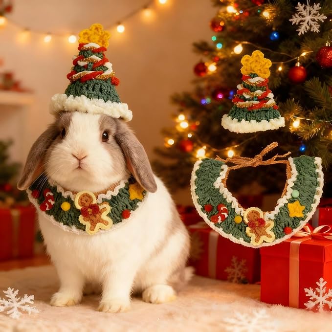 Christmas Dog Costume,Handmade Cat Holiday Outfit with Christmas Tree Hat & Gingerbread Man Scarf Set,Adjustable,Lightweight & Breathable Pet Accessories for Rabbit Xmas Party & Photos